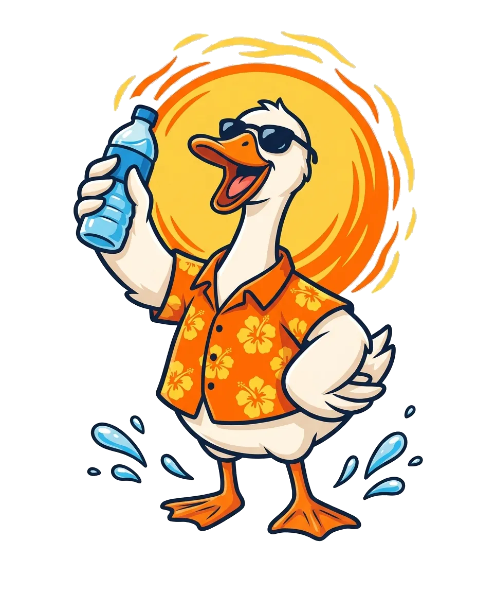 Honk the goose in a Hawaiian shirt and sunglasses, toasting with a water bottle